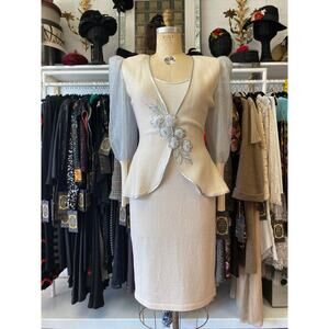 Vintage 1980s cream knit 2 piece dress and jacket silver fishnet 80s fashion med